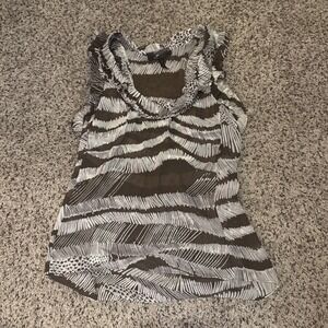 BCBG Brown Cream Blouse Top Sleeve Ruffle Neck 100% Silk Zebra‎ Sleeveless S